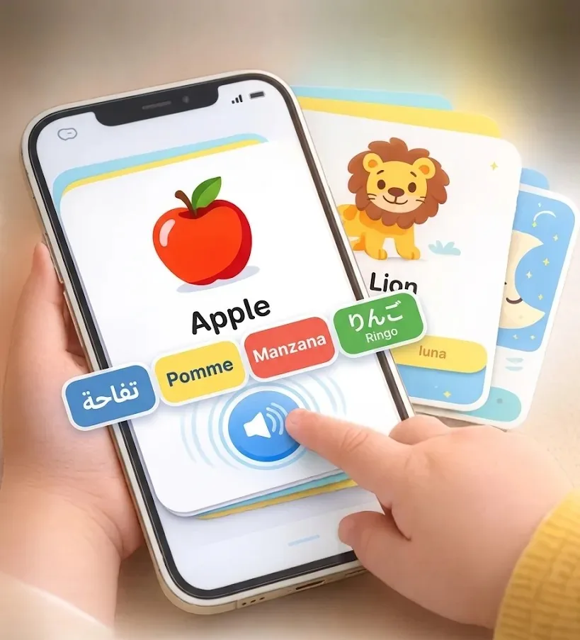 Child using the Lingo Roots flashcard app